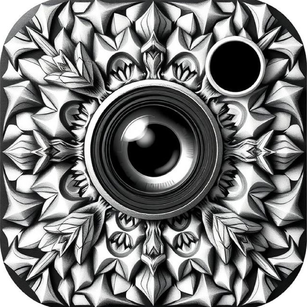 Surreal grayscale artwork with a camera lens at its center