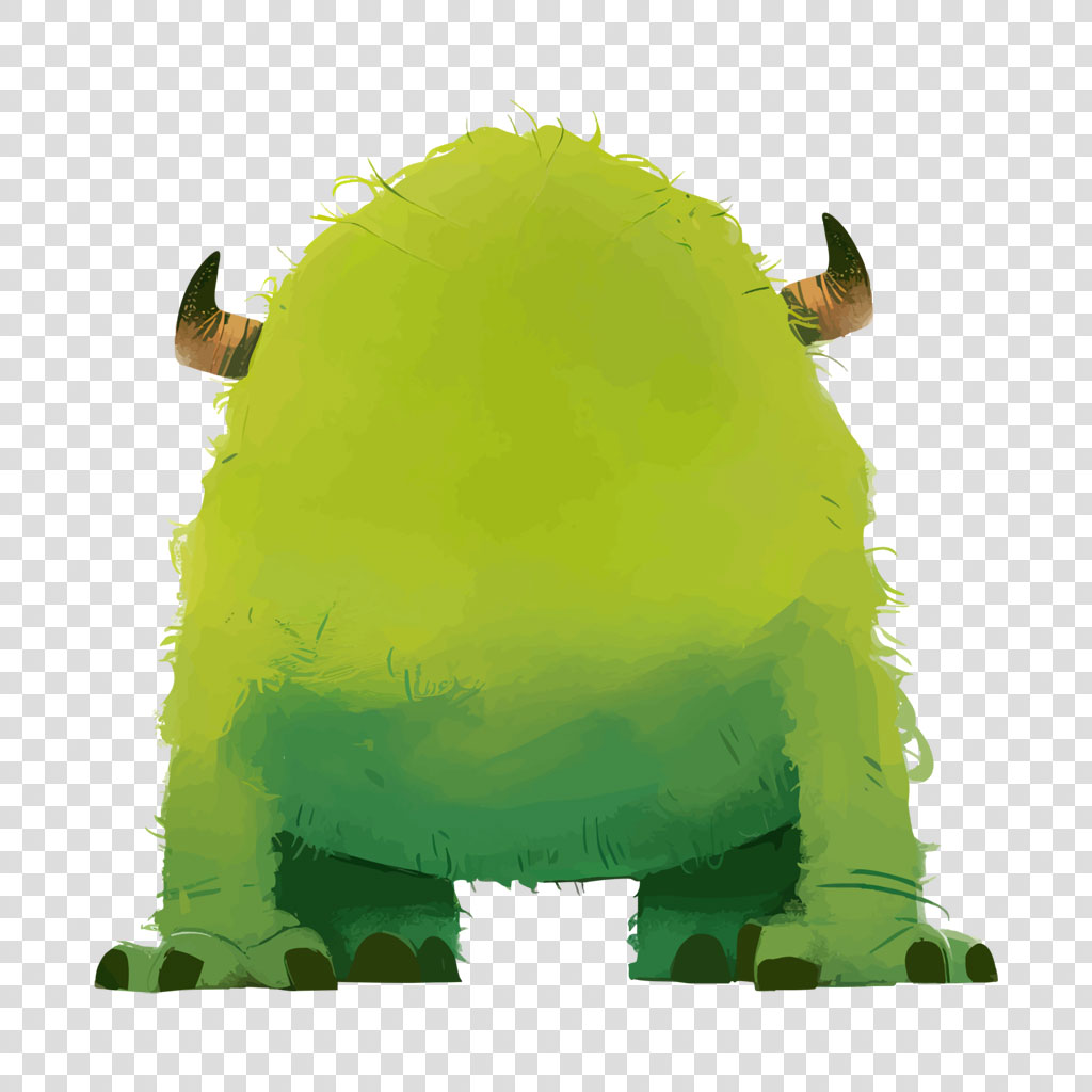 A green monster with shaggy fur and two horns