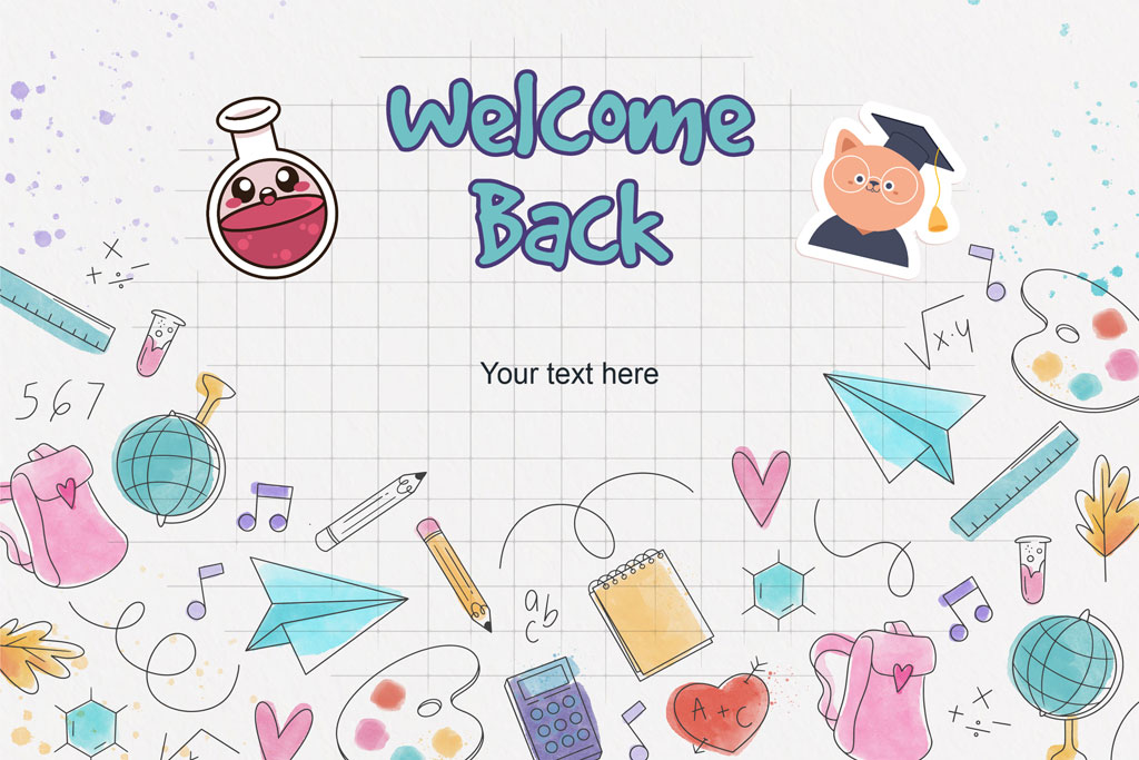 Back to school illustration with cartoon characters and educational symbols