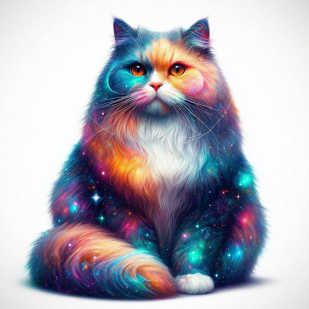 Illustration of a cat with galaxy-inspired fur and bright yellow eyes