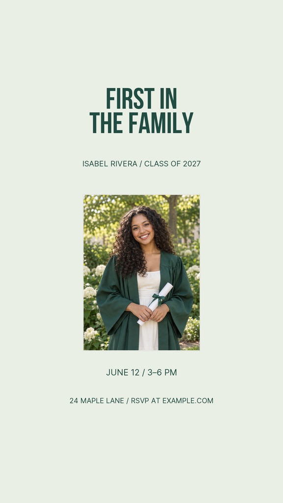 Instagram story template with a portrait photo, bold title, and graduation event details.