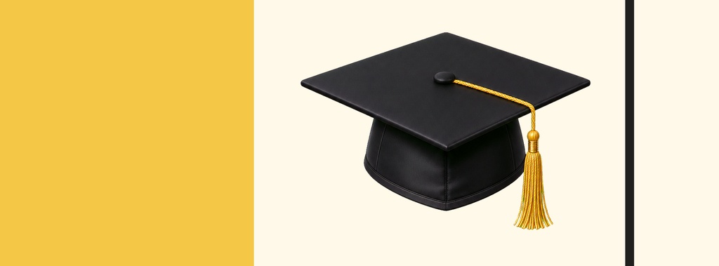 Yellow and cream graduation cover with a black mortarboard and gold tassel