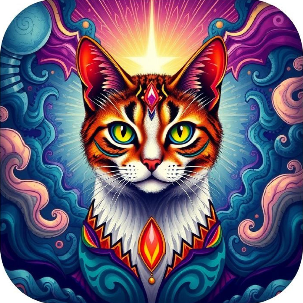 Colorful illustration of a cat with yellow eyes and ornate patterns
