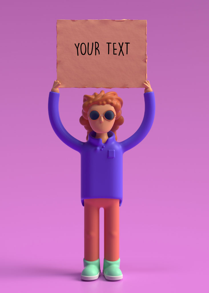 3D character holding a sign