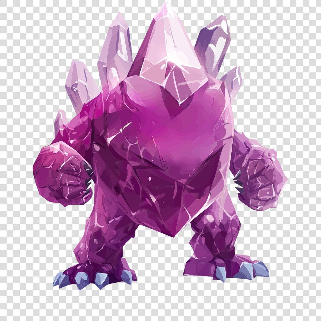 A cartoon-style purple crystal monster with sharp claws and crystal spikes