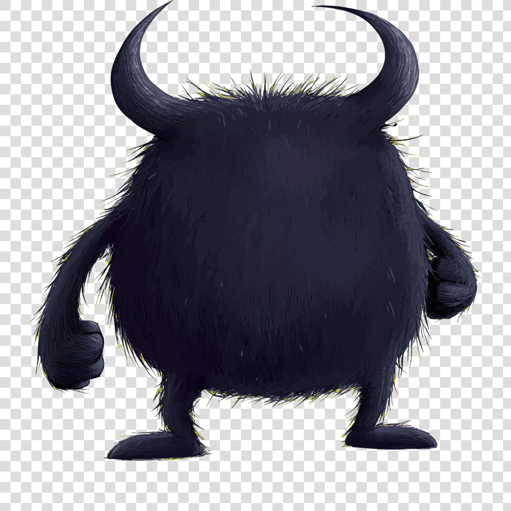 A black furry monster with two horns and a round body.