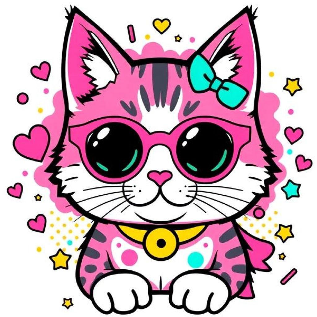 A cartoon pink cat with sunglasses and a bow