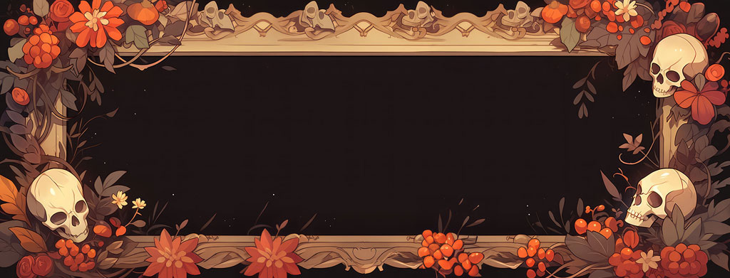 Halloween decorative frame with skulls and orange flowers