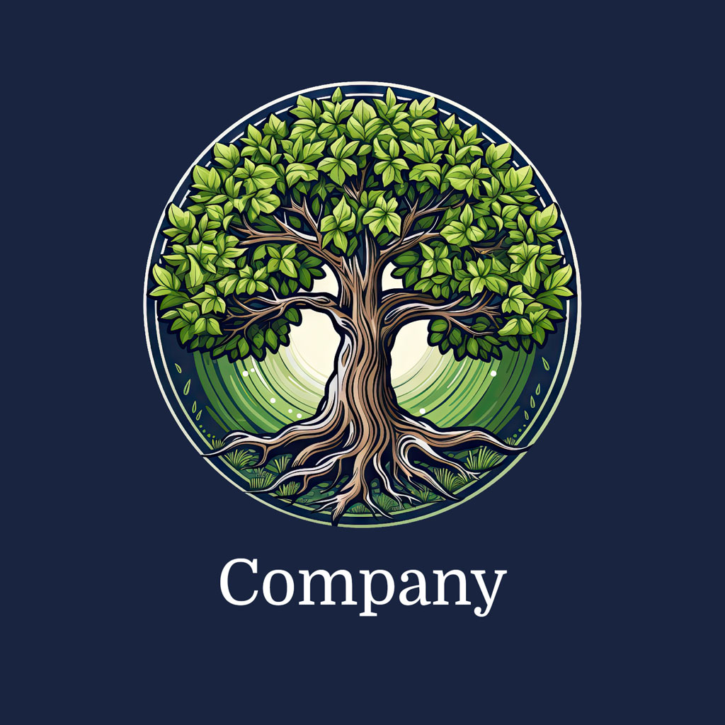 Stylized tree logo with green leaves and intertwined roots on a dark blue background