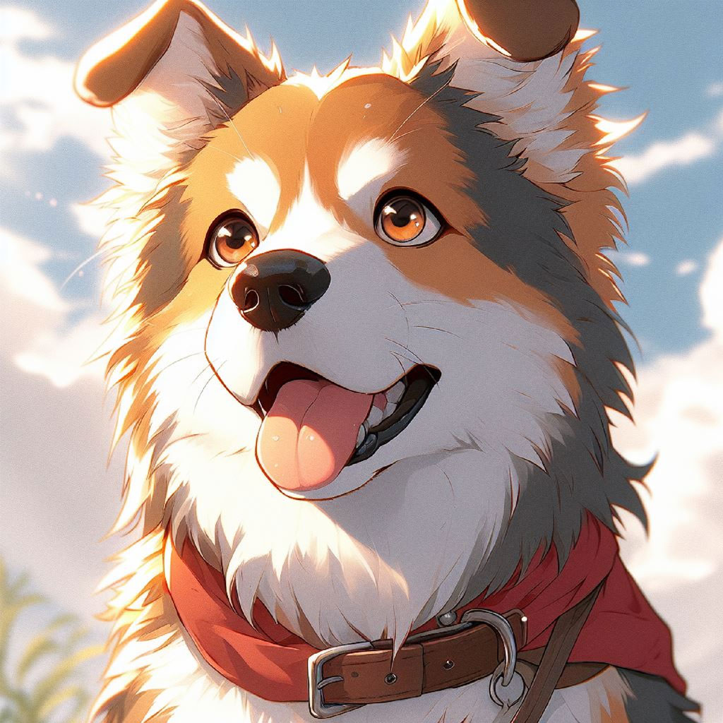 Illustration of a corgi with brown and white fur sitting in a field with pink flowers