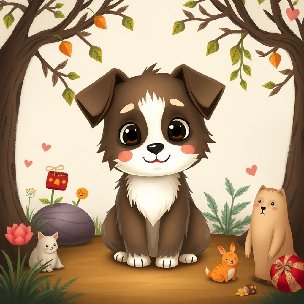 Four cartoon animals standing near a house with a stone path and trees