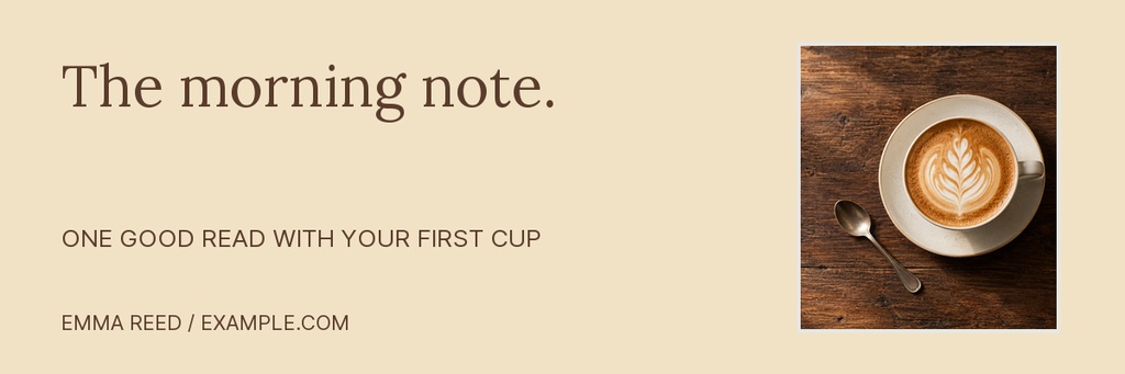 Coffee cup on a wooden table beside the Morning Note headline and subtitle.