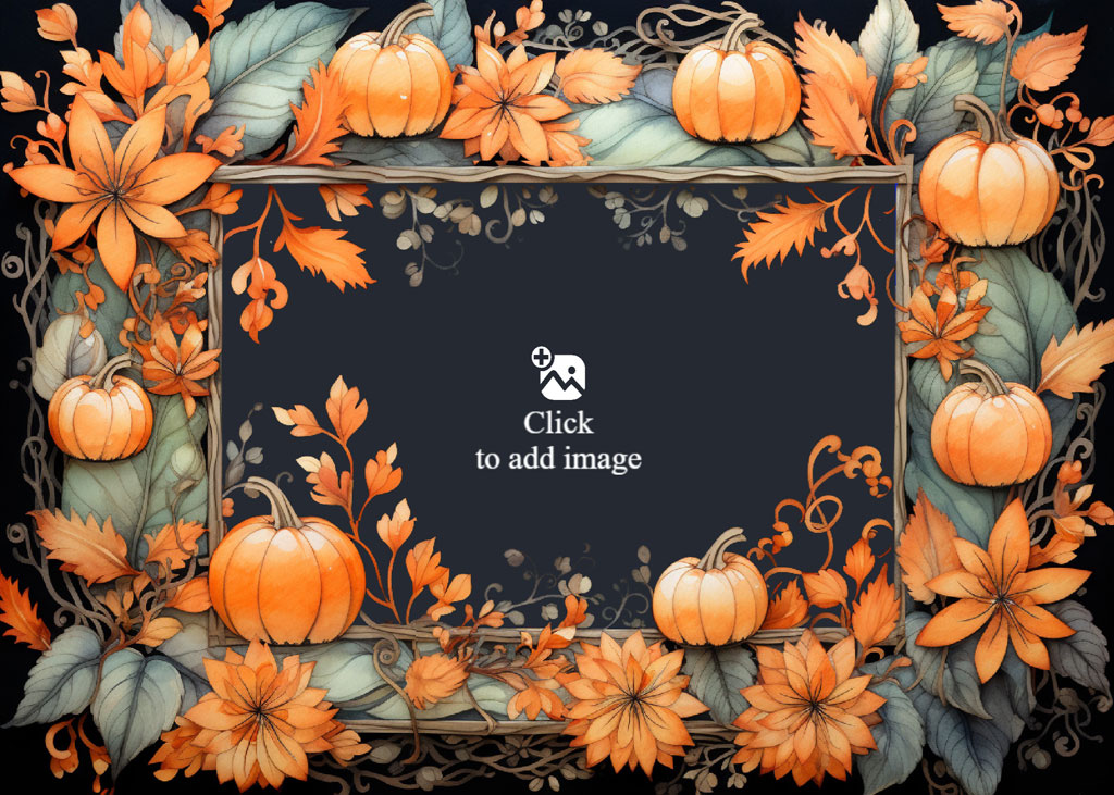 An autumn-themed frame with orange pumpkins and flowers on a dark background.