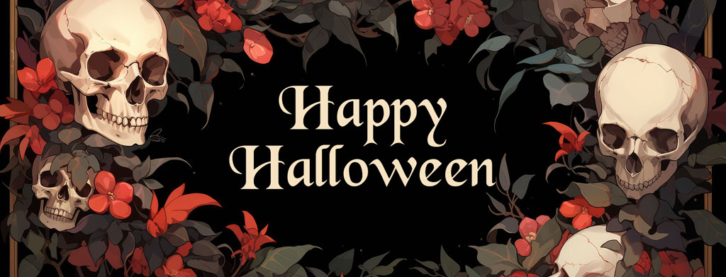 Halloween wreath with skulls and red flowers