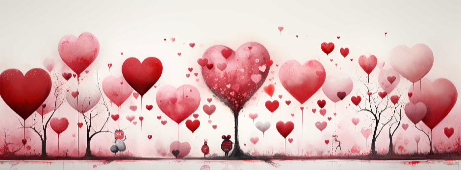 Heart-shaped trees with floating hearts in various shades of red and pink