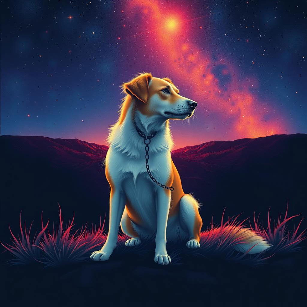 Illustration of a woman in a long dress standing on a hill, looking up at a starry night sky with a vibrant nebula.