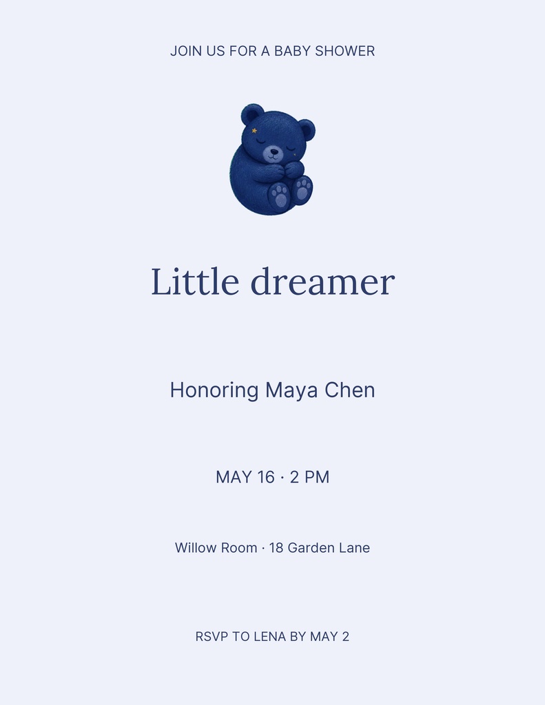 Portrait baby shower invitation with a teddy bear and the words Little dreamer.