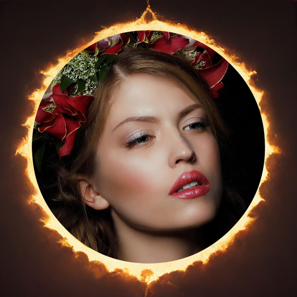 Woman with red lips and floral headpiece surrounded by flames