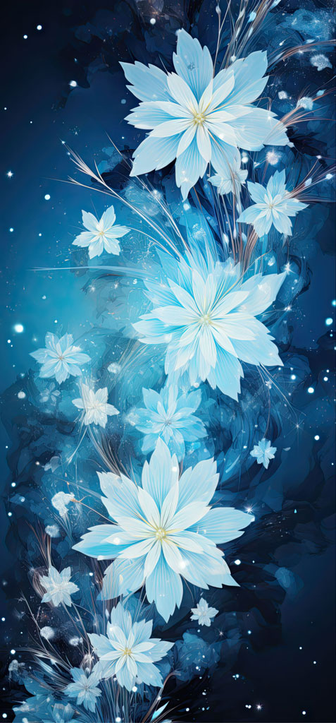Digital artwork of blue flowers with white dots on a dark blue background
