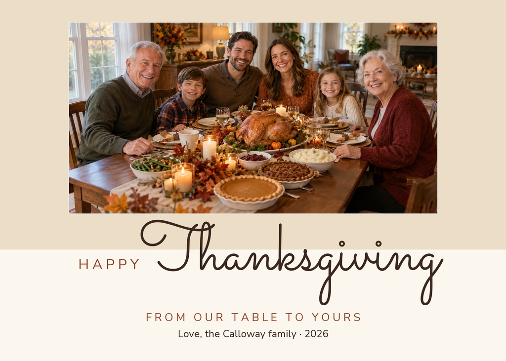 Family gathered around a Thanksgiving dinner table with a large turkey and pie on the table