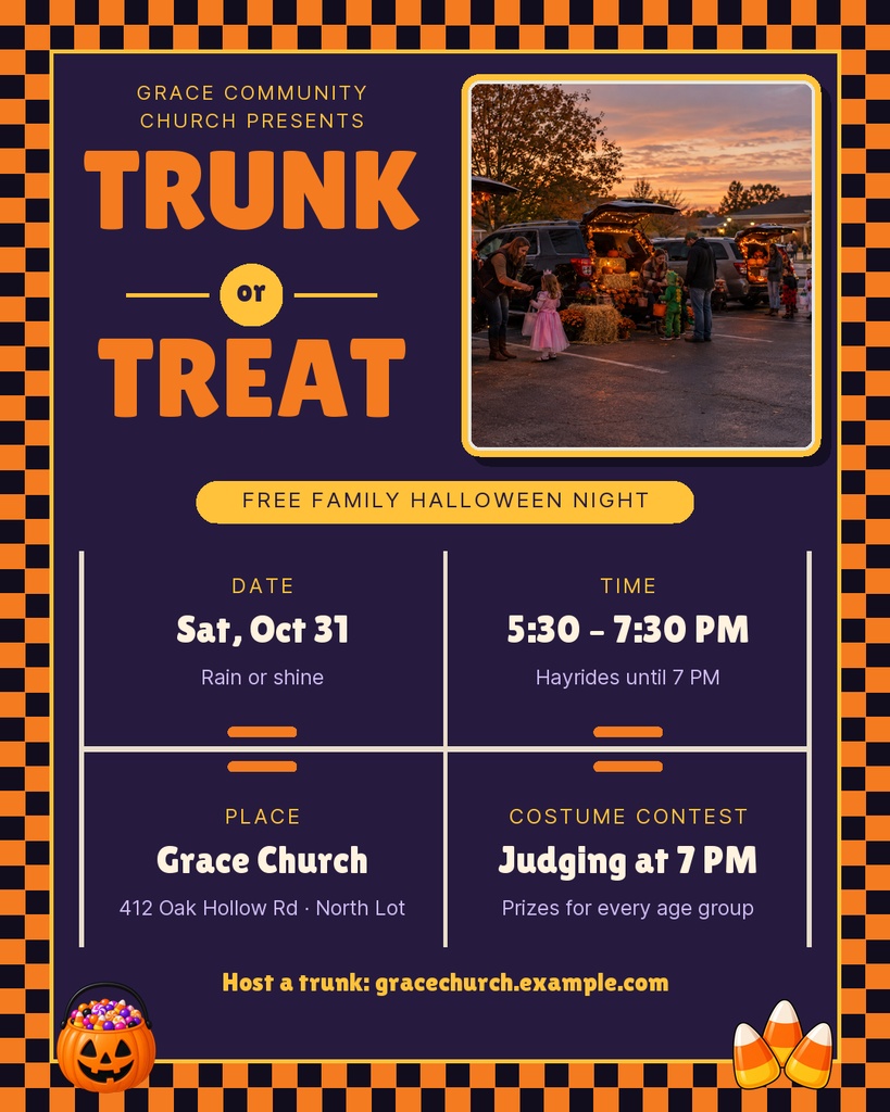 Purple Halloween event flyer with trunk or treat details, pumpkin candy icons, and a sunset photo.