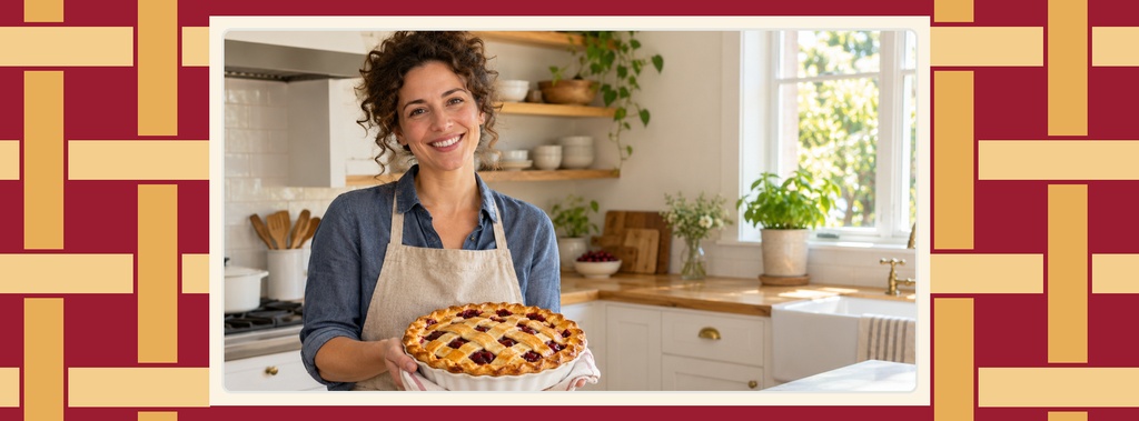 Smiling woman in an apron holding a pie in a bright kitchen banner layout