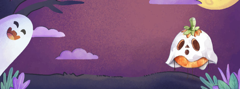 Cartoon illustration of two ghostly figures on a purple Halloween night.