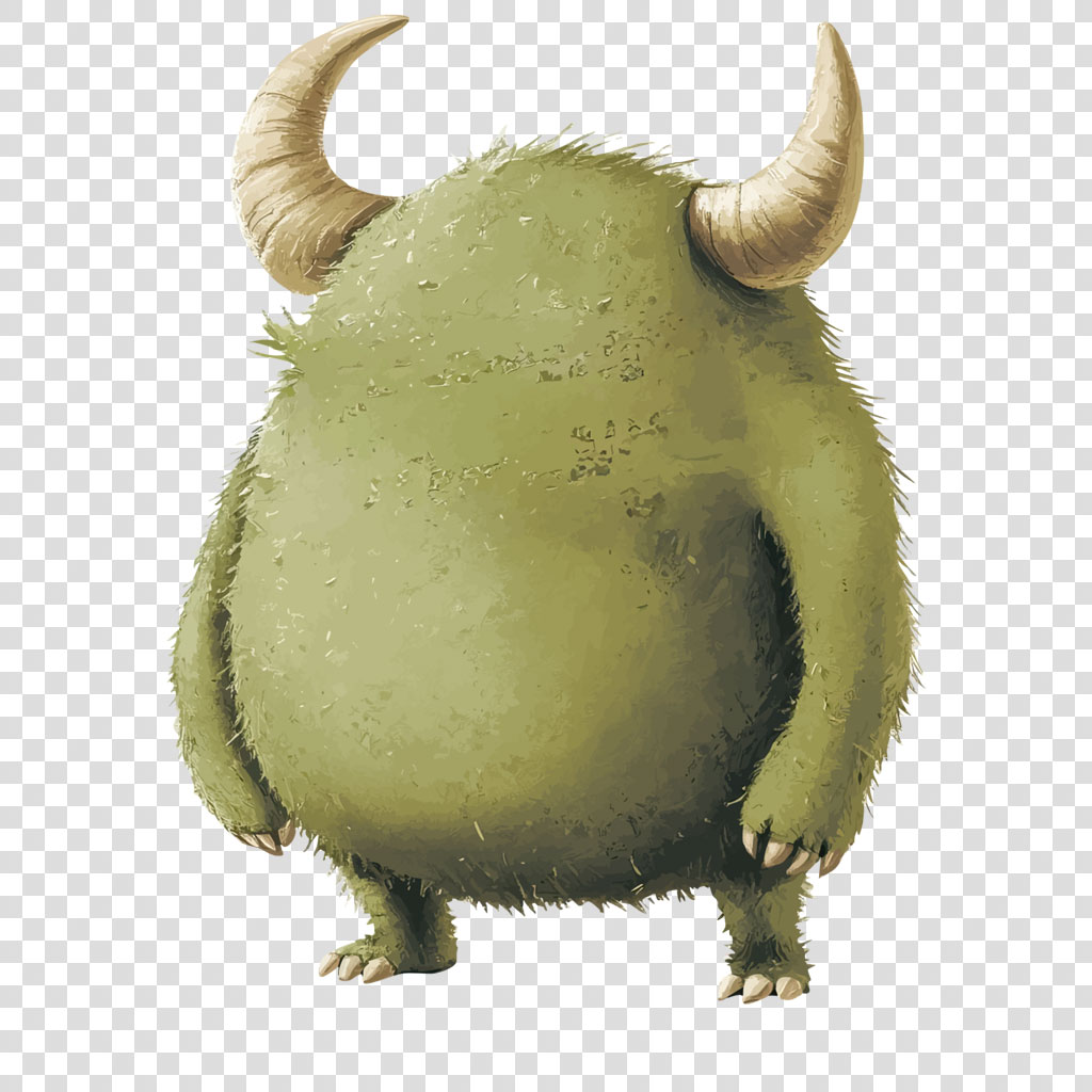 A cute green monster with horns and fluffy fur