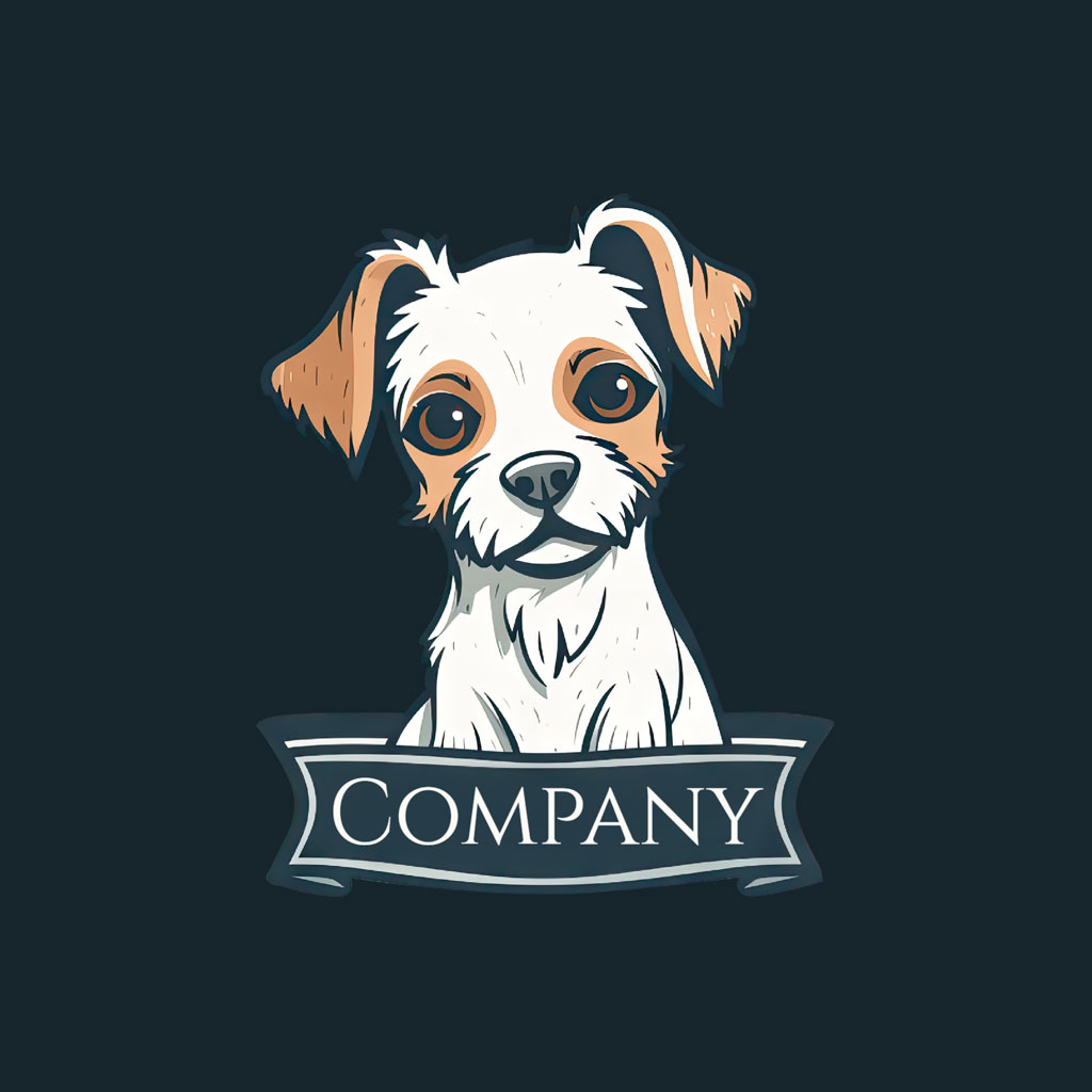 Company logo with a white dog