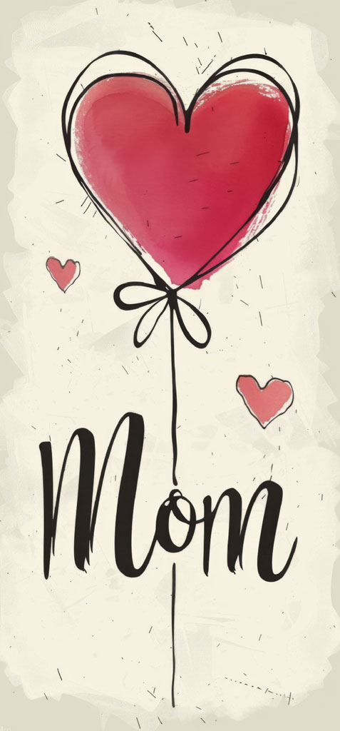 Illustration of a red heart balloon with 'Mom' written below it
