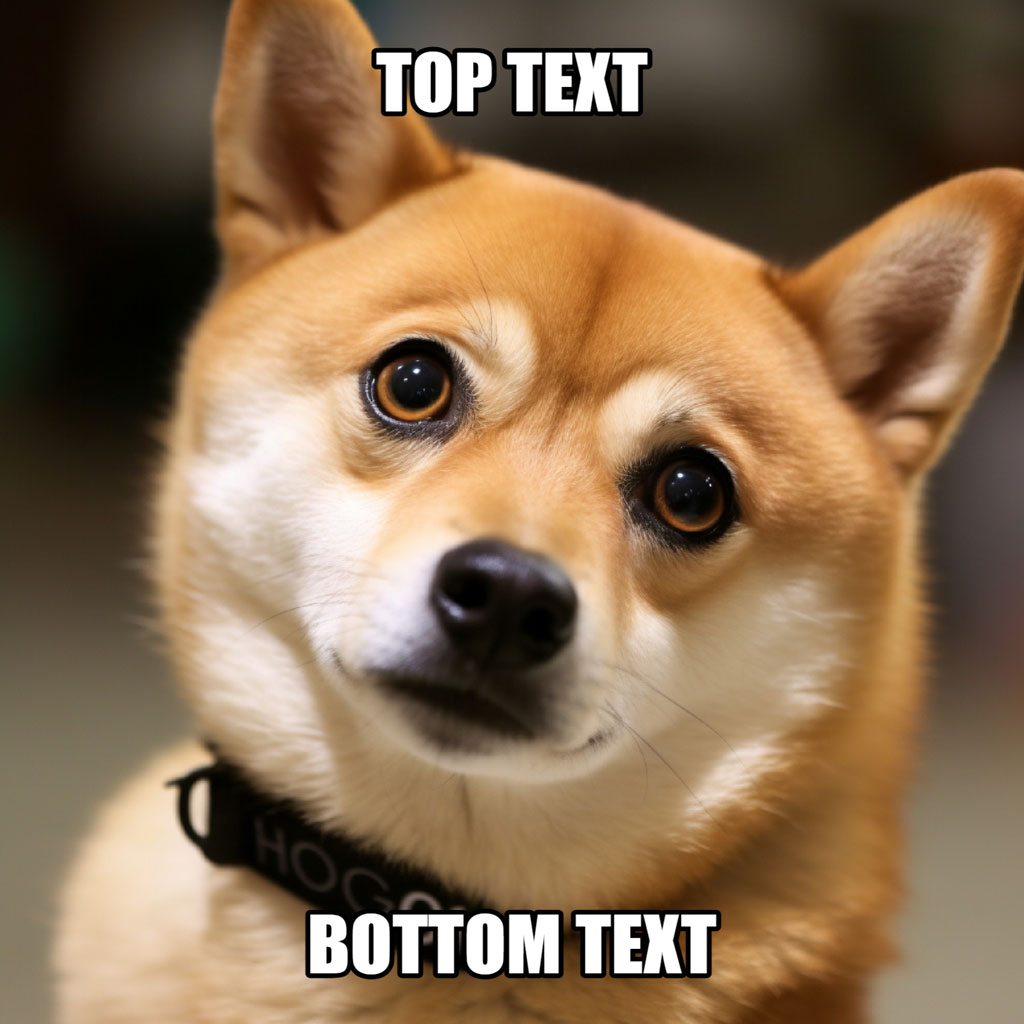 A close-up of a Shiba Inu dog with a surprised expression, captioned with 'TOP TEXT' and 'BOTTOM TEXT'.