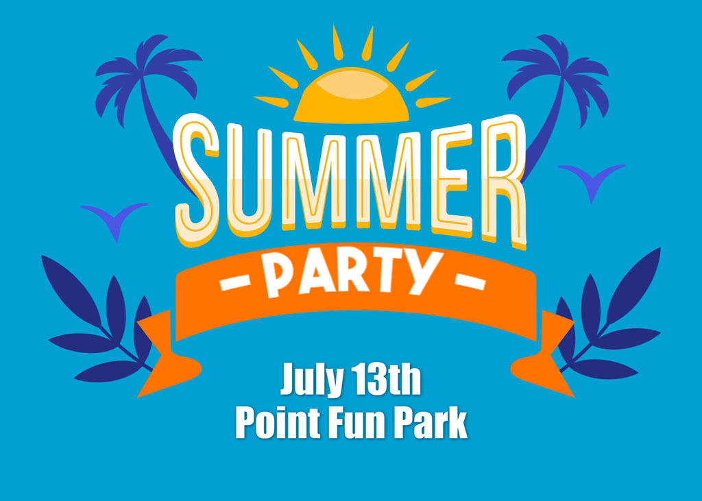 Summer party invitation with palm trees and sun