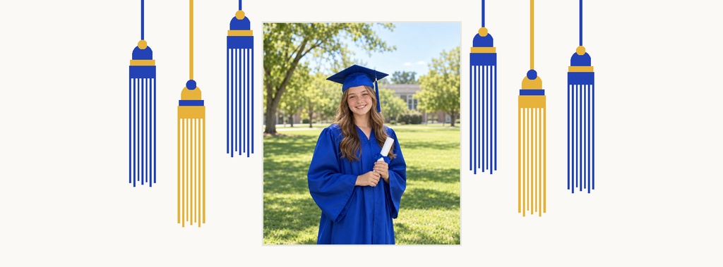Graduation-themed page cover with hanging tassels and a student in a blue cap and gown.