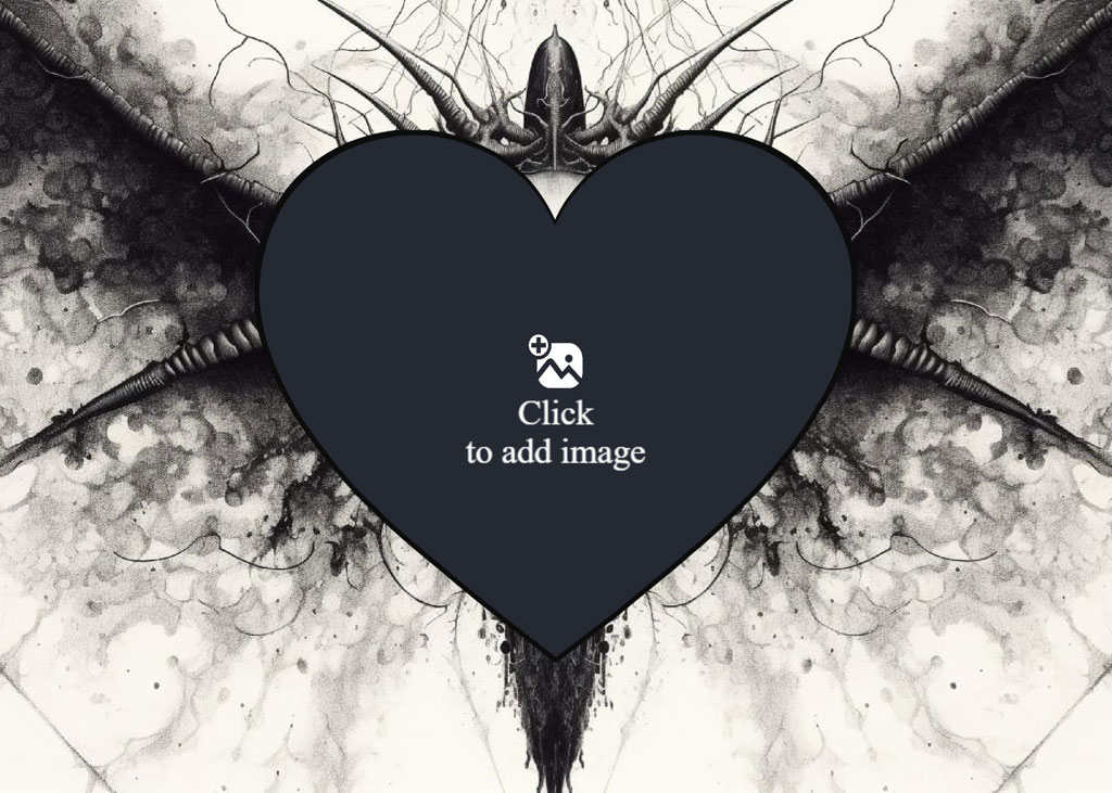 A black heart with a 'Click here to add photo' prompt on a dark, abstract background.