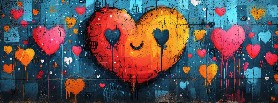 Colorful heart street art mural with a large smiling heart and smaller hearts