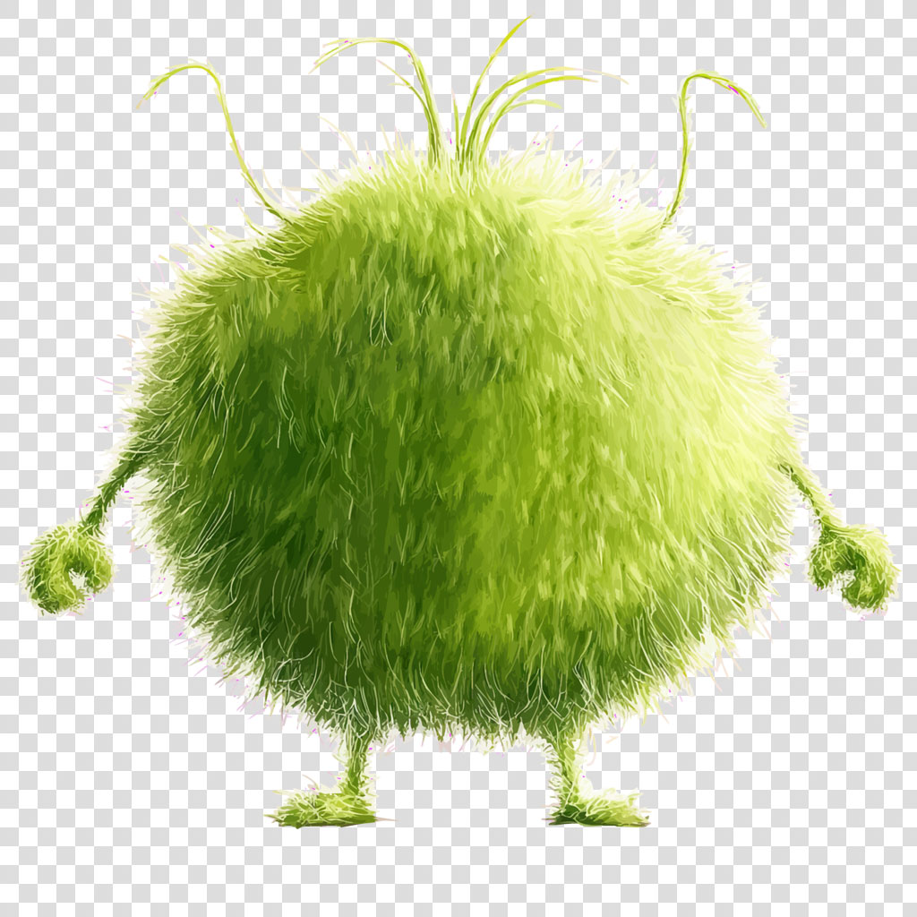 A green, furry creature with a round body and fluffy limbs.