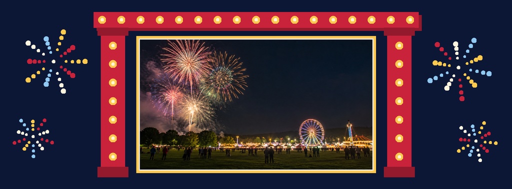 Fireworks over a fairground scene framed by a red marquee border with decorative lights