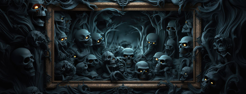 Multiple skulls with glowing eyes inside and around a dark, ornate frame.