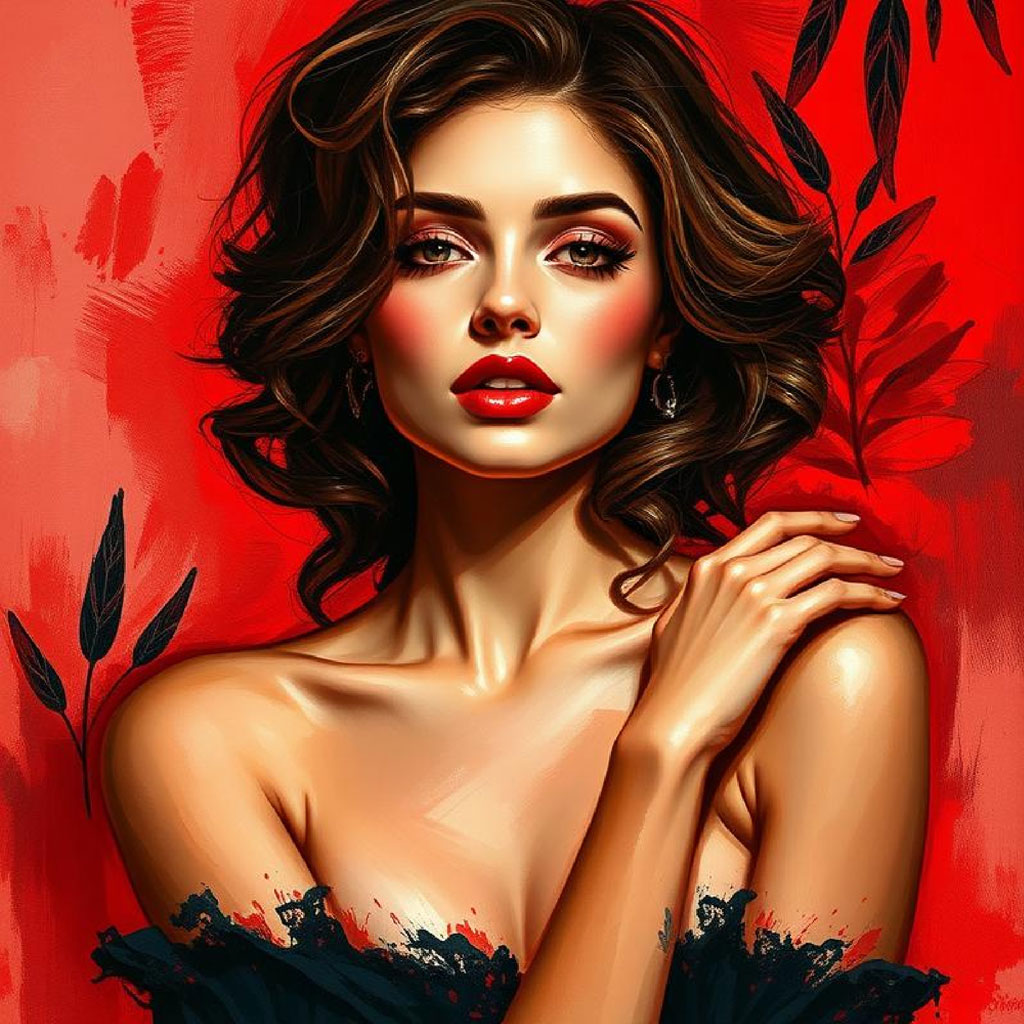 A woman with brown hair and red lips against a red background