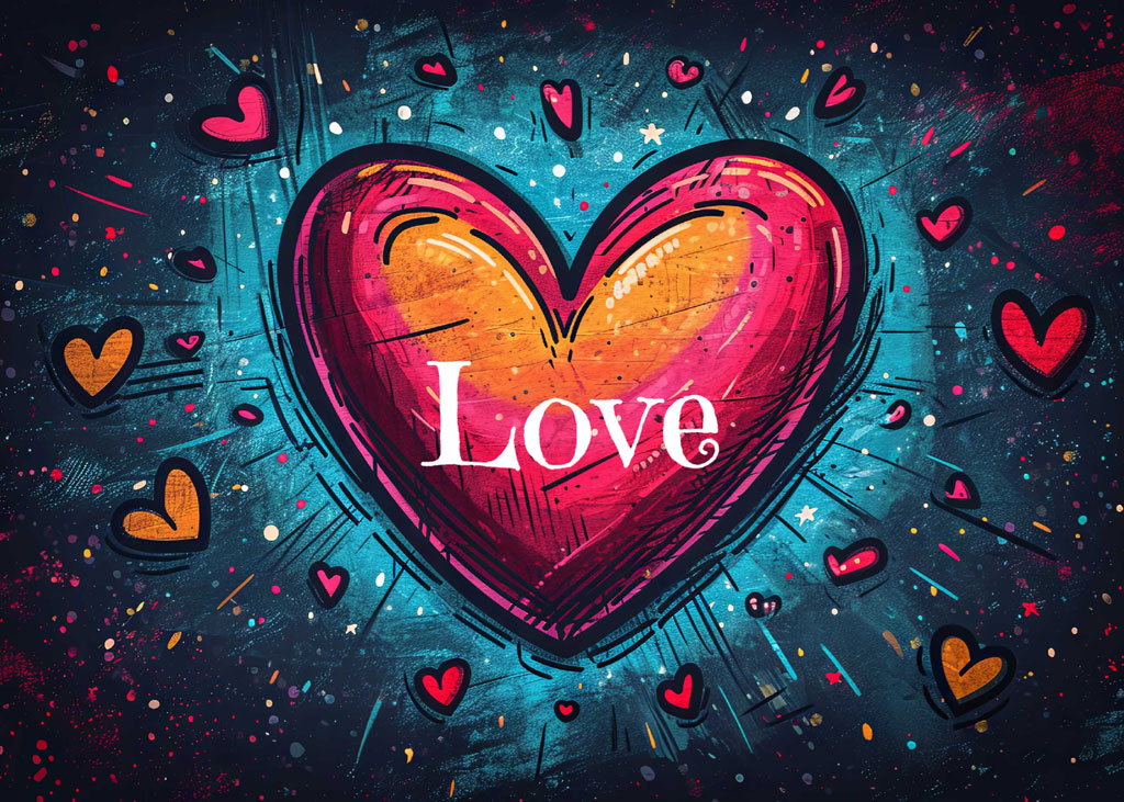 A colorful heart with the word 'Love' in the center, surrounded by smaller hearts.