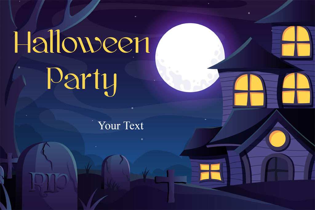 Halloween party invitation with haunted house and full moon