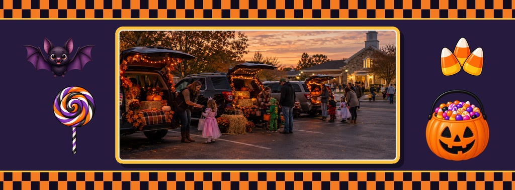 Halloween trunk or treat scene with decorated cars, candy graphics, and a dark purple page cover layout