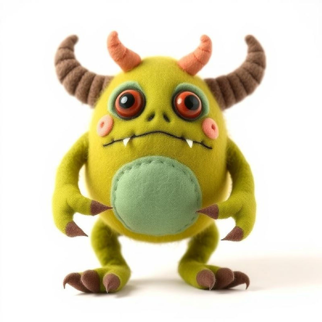 Green plush monster toy with brown horns and claws