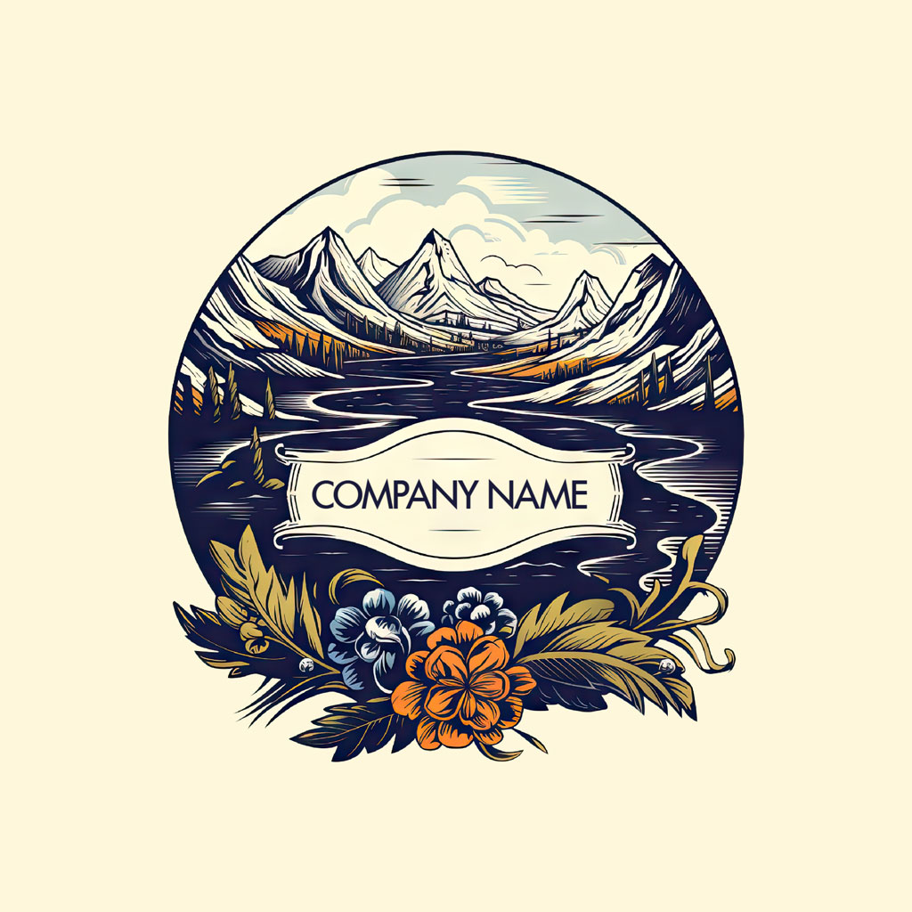 Mountain landscape logo template with lake and flowers
