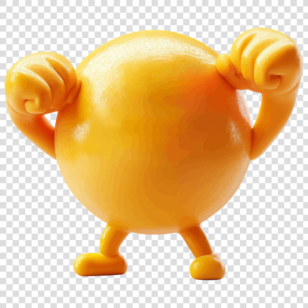 A yellow lemon character with muscular arms and legs flexed in a powerful pose.