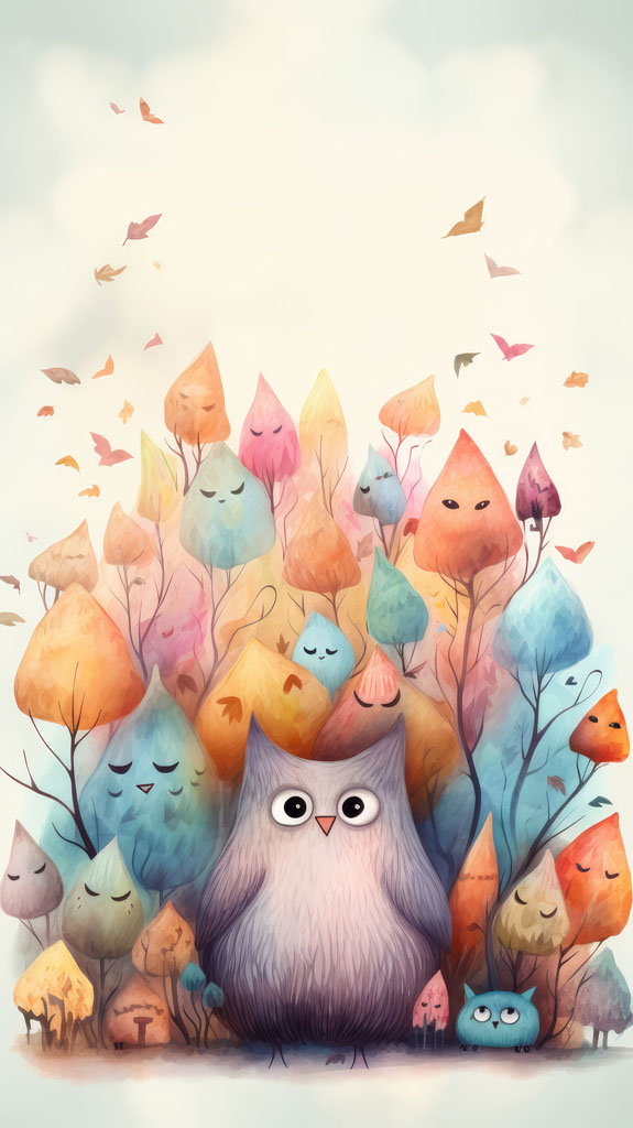 Illustration of a large owl with smaller trees and creatures around it