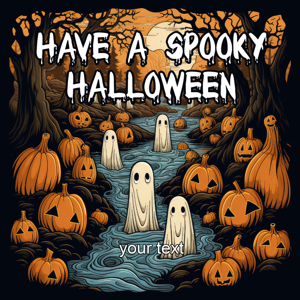 Halloween greeting card with ghosts and pumpkins