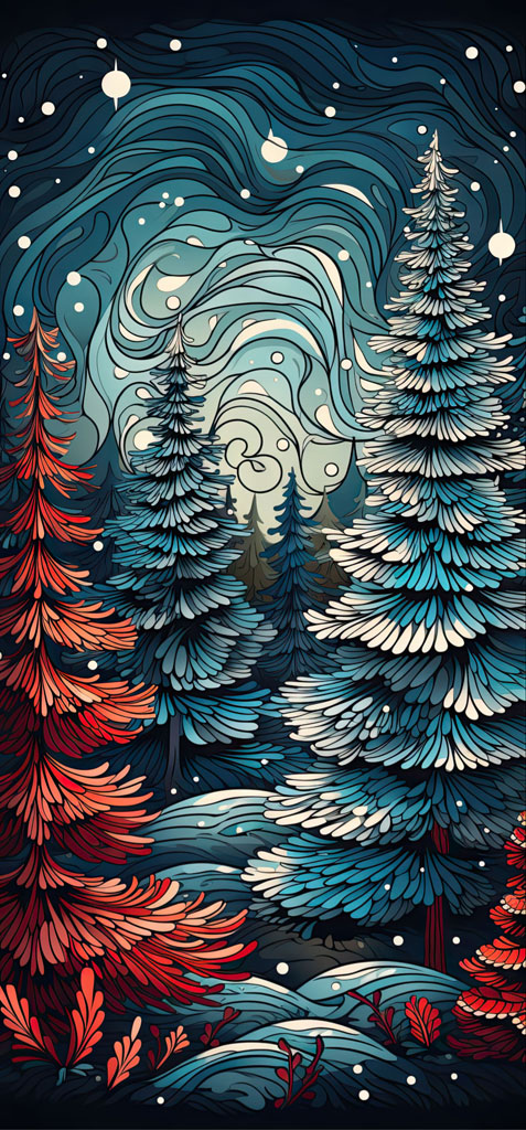 Stylized winter forest with colorful trees and swirling patterns