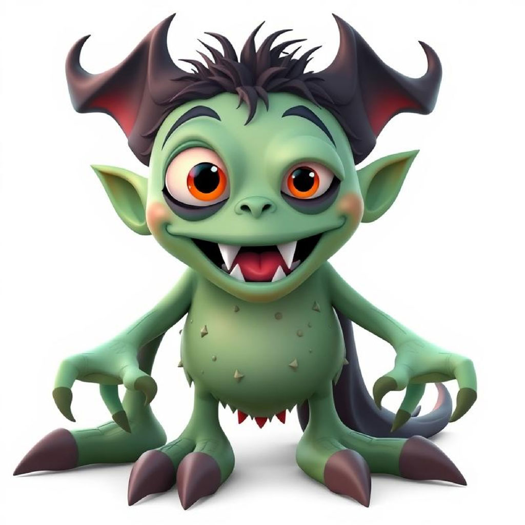 A cartoon monster with green skin, large orange eyes, and dark horns.