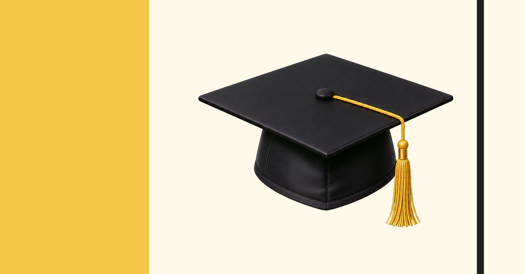 Black graduation cap with gold tassel on a yellow and cream landscape background